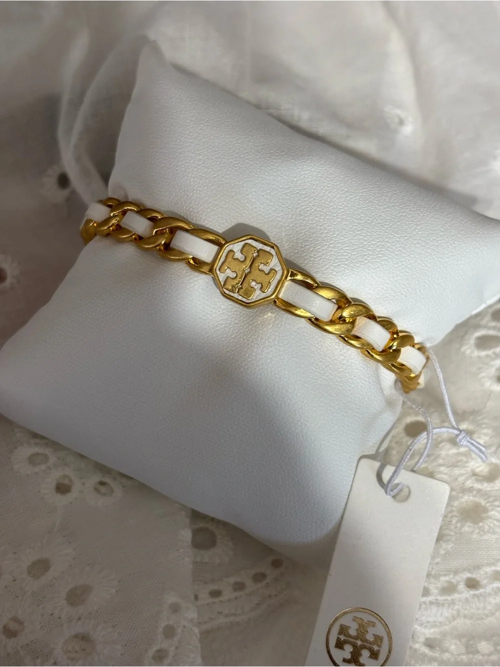 Tory Burch White Enamel and Gold Link Logo Bracelet